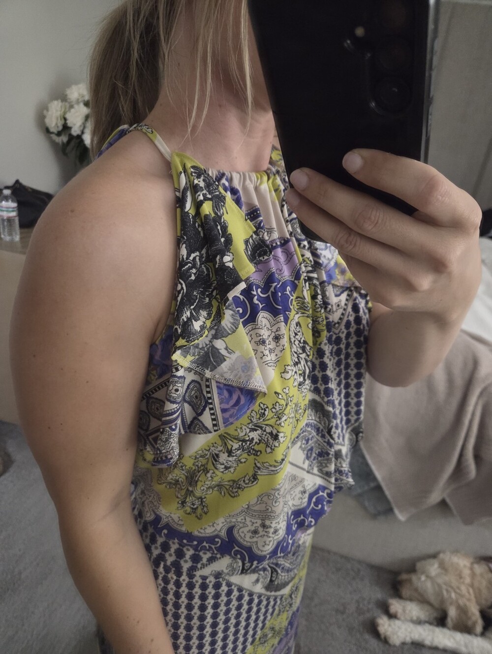 Julian Chang Patchwork Print Halter Maxi Dress Purple Chartreuse Size Small - Picture 13 of 15